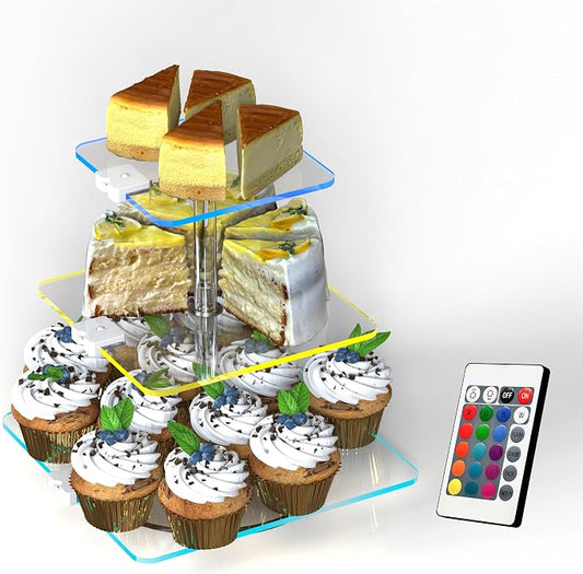 3-Tier Rotating Cupcake Stand with LED Lights - 360° Spinning Display Tower for Desserts, Cakes & Pastries - Rechargeable 7-Color Changing Serving Tray for Weddings, Parties & Festive Gatherings (Clear Acrylic)