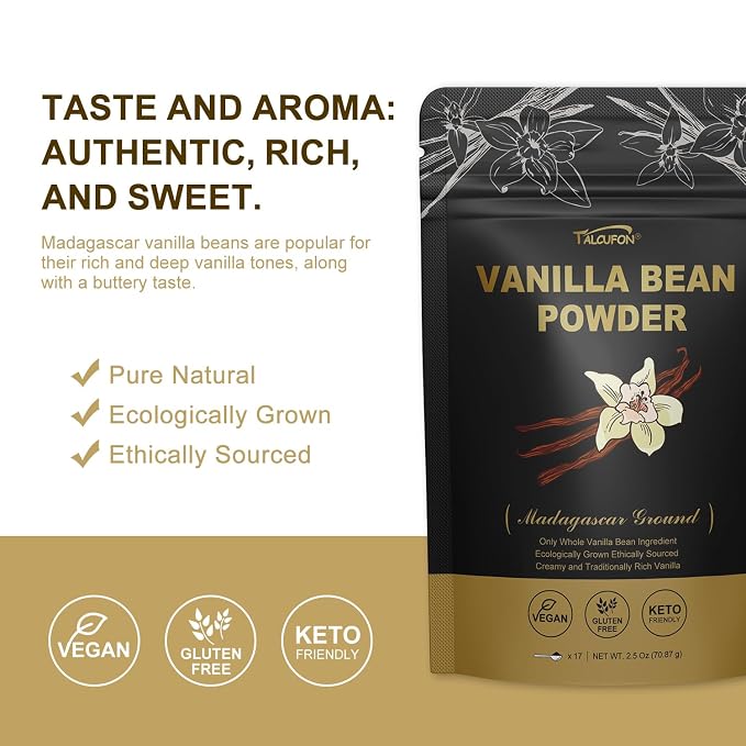 TALCUFON Madagascar Ground Vanilla Bean Powder, 100% Ground Vanilla Beans, No Fillers and Additives, Gluten Free, Non-GMO Great for Coffee, Baking, Shakes 2.5 Oz (Pack of 2)