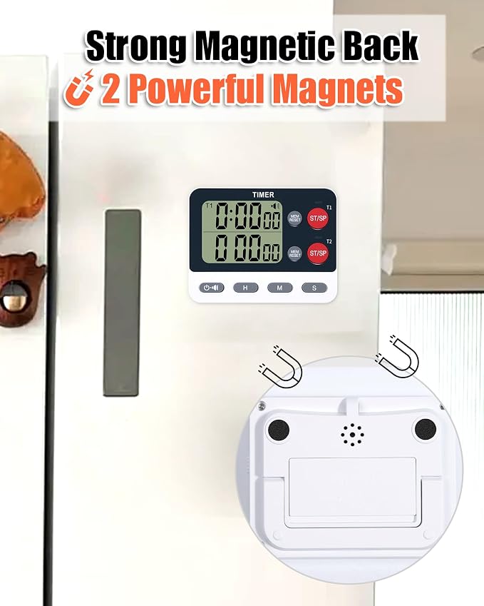 TPNEG Dual Kitchen Timer Digital - Large Display, Easy to Use and Read, Cooking Timer for Kitchen with Alarm, Magnetic Back, Loud & Silent and Count Up/Countdown Modes, Replaceable AAA Battery