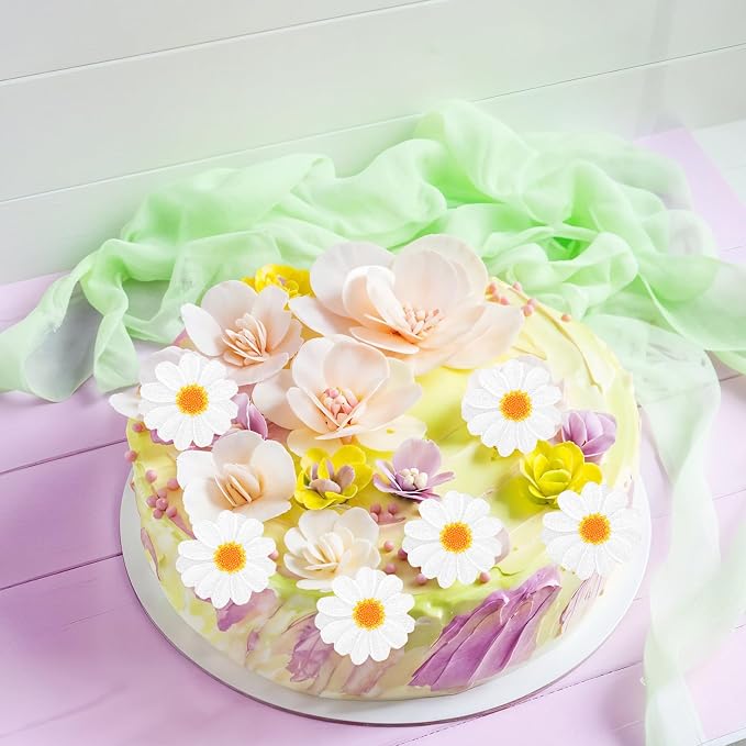 40Pcs Daisy Cake Decorations Edible Flower Cupcake Toppers Wafer Paper Edible Cake Decor White Daisy Flower Cupcake Picks for Birthday Wedding Bridal Baby Shower Party Decoration Supplies