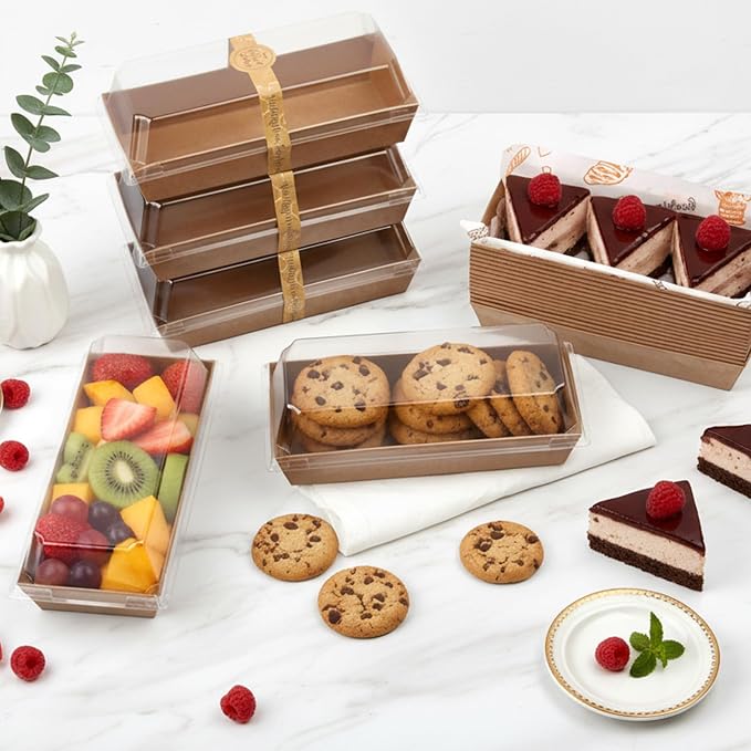 OAMCEG 7.5x3.3 Inch Small Charcuterie Boxes with Clear Lids,100Pcs Mini Bakery Containers,Disposable To Go Food Paper Boxes for Sandwich, Cookie, Pastry, Cake Slice (Brown)