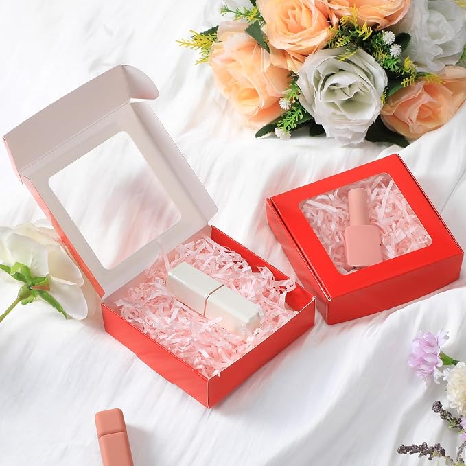 Zonon 60 Pcs Kraft Paper Boxes with Window 4.13 x 4.13 x 1.18 Inch Candy Packaging, Small Gift Boxes, Soap holder, Mini Treat Packaging for Bakery Chocolate Jewelry Display (Red)