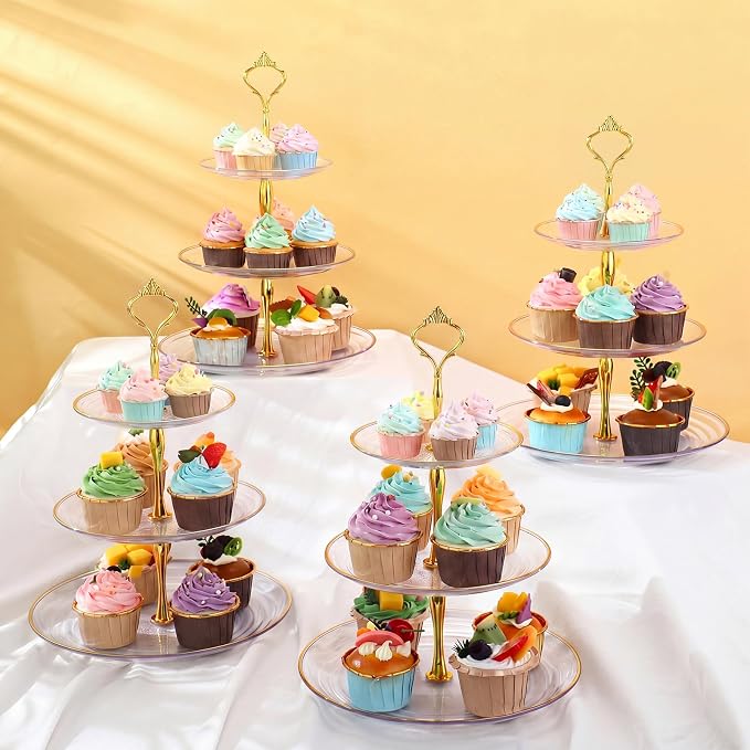 Teenyyou 8 Pack 3 Tier Cupcake Stand Bulk Tiered Dessert Stand Thick Plastic Serving Tray with Gold Edges Dessert Table Display Set Tea Cake Holder for Wedding Birthday Party (Clear Gold,Crown Shaped)