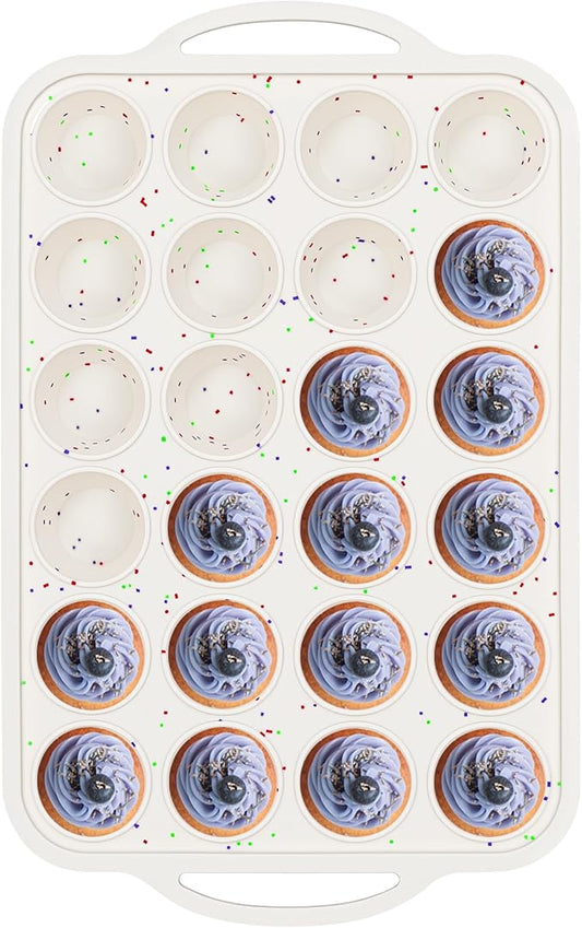 1 Pc Mini Muffin Pan with Metal Reinforced Frame, 24 Cups Nonstick Silicone Cupcake Tray for Baking, Food Grade Small Muffin Molds with Handles (Cream)