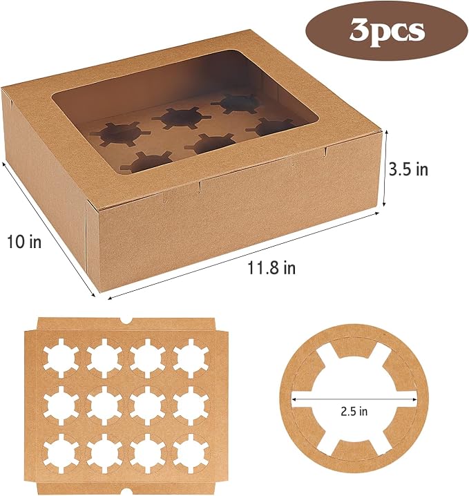 Moretoes 3 Pack Cupcake Boxes, Hold 12 Standard Cupcakes, Cupcake Containers with Window and Inserts,Bakery Supplies for for Cupcakes, Muffins and Pastries(Brown)