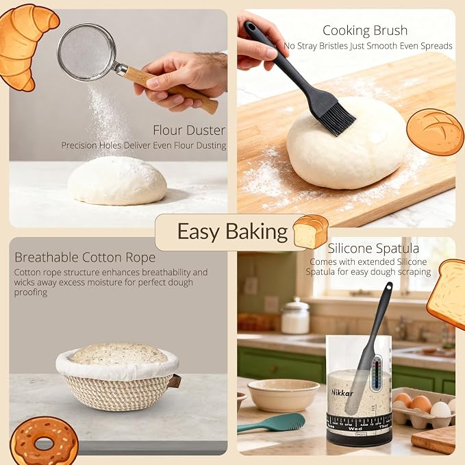 Nikkar Complete Sourdough Starter Kit with Bamboo Storage Rack Bread Basket | 12 Set Sourdough Bread Baking Supplies with Glass Sourdough Starter Jar for Bread Making Baking Fermentation
