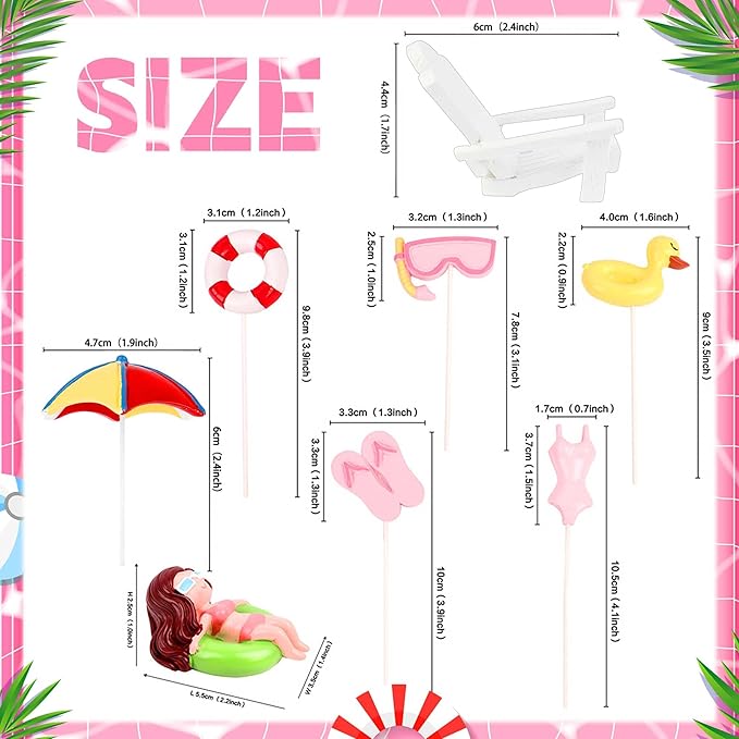 Pink Cake Decoration Beach Cake Toppers Summer Birthday Party Supplies Beach Party Supplies Swimming Pool Party Supplies