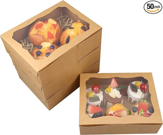 50pcs 8x6x2.5 Inches Brown Bakery Boxes with Window Cookie boxes Treat Boxes Dessert Boxes Donut Boxes Muffin Boxes for Pastry Candy Small Cake Cupcake for Gift Giving Party, NB001-50
