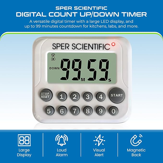 Sper Scientific Digital Count Up/Down Timer with Audible & Visual Alarm 810003 – Timer with Large Display, Loud Alarm & Up to 99 Minute Countdown - for Labs, Cooking, Workouts, Classroom & more - 4 pc