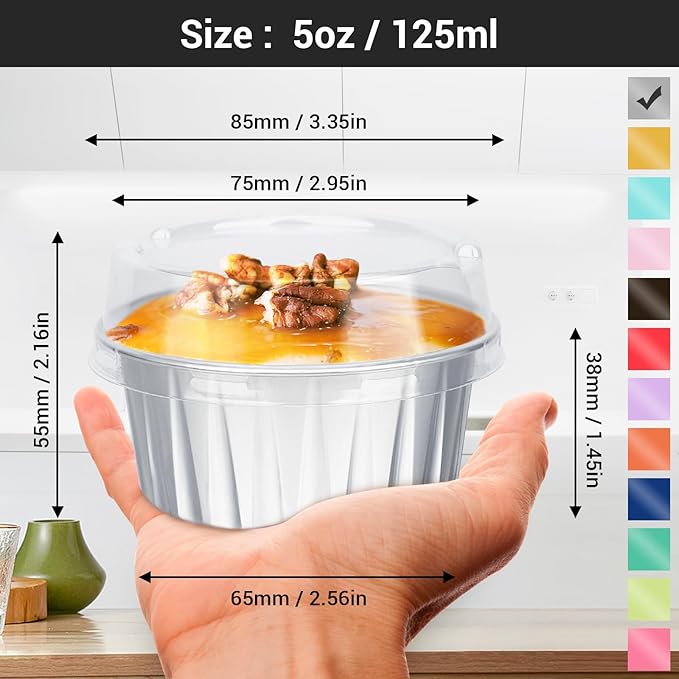 EUSOAR Foil Ramekins with Lids, 5oz 100pcs Silver Aluminum Cupcake Liners Oven Safe, Disposable Muffin Baking Cups Creme Brulee Pudding Holders Cases Boxes Pans for Wedding Birthday