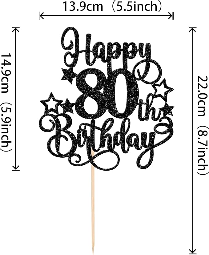 1 PCS Happy 80th Birthday Cake Topper Glitter Cheers to 80 Years Birthday Cake Pick Hello 80 Fabulous Cake Decoration for Happy 80th Birthday Anniversary Party Decorations Supplies Black