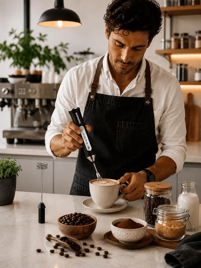 Rechargeable Milk Frother Handheld, Electric Coffee Frother with 2 Whisk, 3-Speed Powerful Drink Mixer, USB-C, Milk Foamer for Coffee,Latte,Cappuccino,Matcha & HotChocolate(Black no Stand)