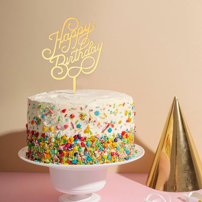 Lusofie 6 PCS Gold Happy Birthday Cake Toppers Mirror Side Cake Toppers | DIY Acrylic Glitter Cake Inserts ，Birthday Party Event Side Cupcake Cake Decorations，Happy Birthday Side Cake Topp