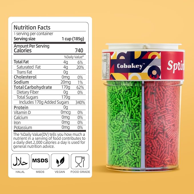 Rainbow Sprinkles for Cake Decorating 4 cell Edible Jimmies Mix Blue Red Green Yellow Sprinkles for Baking Ice Cream Cookies Cupcake Topper 6.5 ounces