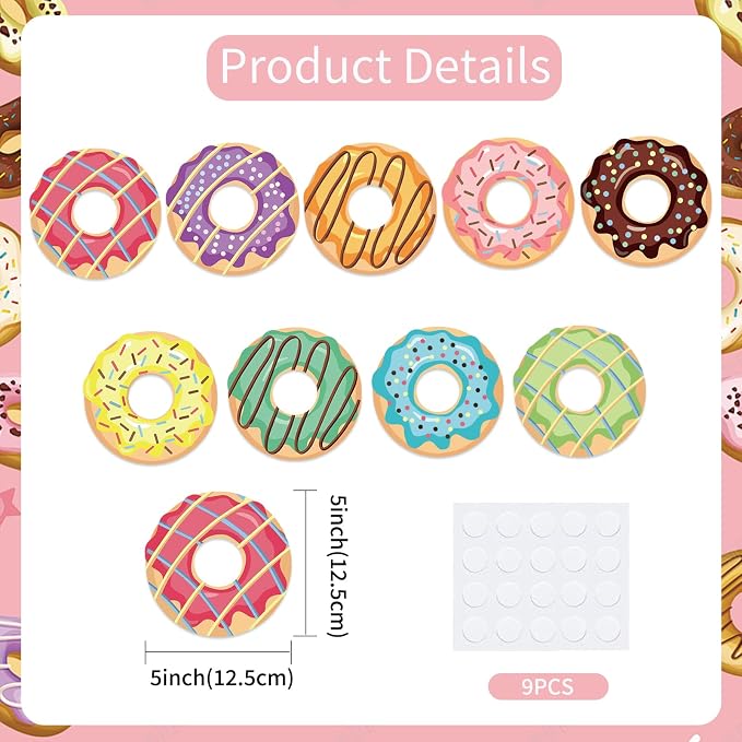 Vuzvuv 90Pcs 5In Doughnut Paper Cutouts with 180Pcs Glue Points,Doughnut Cut Outs Bulletin Board Decorations for Birthday Party Theme Decor Supplies