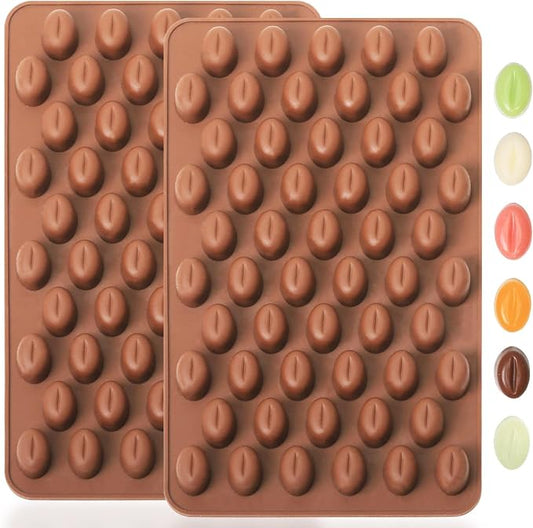 Mini Coffee Bean Molds, 55 Cavities Silicone Chocolate Mold with Coffee Bean Shape, Food Grade Mini Silicone Mold for Homemade Sugar Free Chocolate Chips/Snacks/Cake Décor, 2 PCS