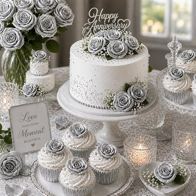 Confect Metallic Edible Shimmering Christmas Silver Roses | Edible Cupcake Toppers | Edible Flower For Cake Decorating | Pack Of 12 Edible Metallic Sugar Flowers for Cake Decorating