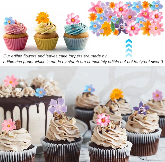 Edible Flowers Cake Decorations - Edible Flowers & Leaves Cake Topper Set of 60PCs, Wafer Paper Flower Cupcake Toppers for Wedding Birthday Party Cake Decorating (Mixed Size & Colour)