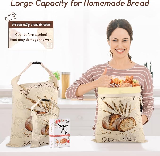 Beeswax Bread Bags for Sourdough, 3 Pack Reusable Bread Bag for Storage - XL 17x13 Inch and 10x8 Inch, Large Linen Bags for Homemade Sourdough - Keep Fresh, Freezer Safe