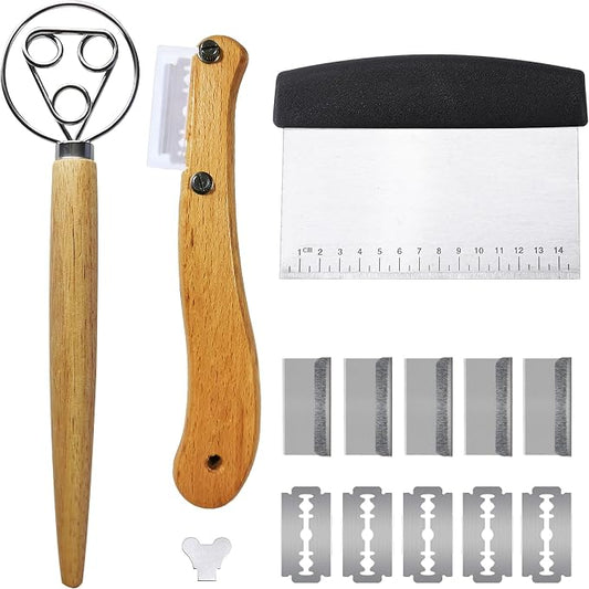 Bread Making Tool Set,Dough Scraper and Bread Scoring Tool for Making Beautiful Bread Tools-Dough Whisk,Dough Scrapers, Bread Lame with 10 Blades Included Replacement (Black)
