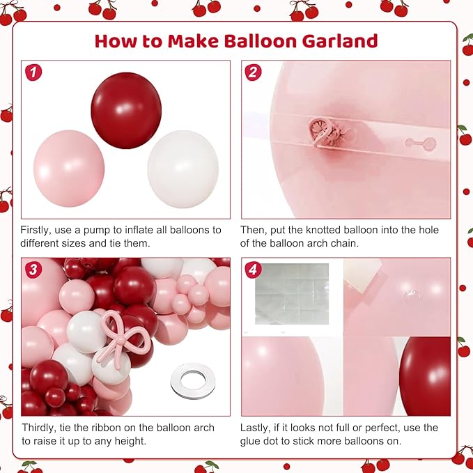 Pink and Red Balloon Arch Kit, Double Stuffed Balloons and Bows for Retro Soda Theme Baby Shower Coquette Cherry Themed Birthday Wedding Romantic Valentines Party Decorations