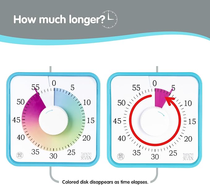 Visual Timer 7.5 inch; 60 Minute 1 Hour Countdown Timer for Kids Classroom Home Office Meeting, Mechanical Countdown Clock for Exam Time Management Magnetic, Sky Blue with Colorful Disc White Knob