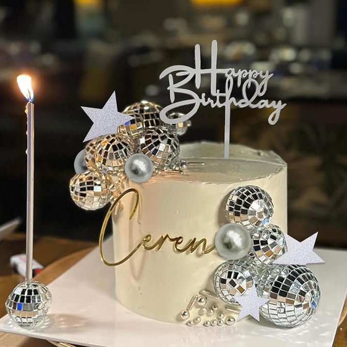 40Pcs Disco Ball Cake Toppers Silver Balls Cake Decorations with Silver Mirror Balls Happy Birthday Cake Topper Star Cake Toppers for 70s 80s 90s Disco Music Dance Themed Party Decorations Supplies