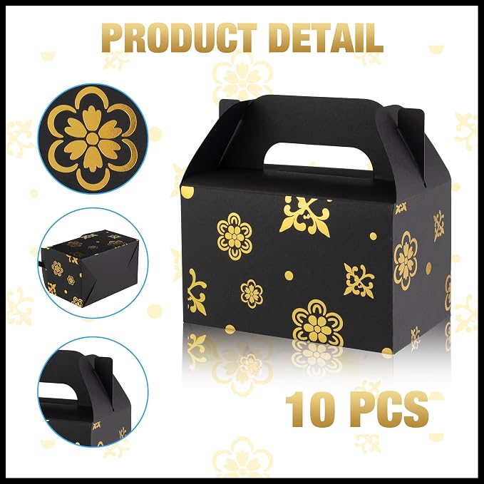 NyuOurea 10 PCS Black Gable Favor Treat Boxes, 6.5 x 4 x 4 Inches Elegant Gift Box with Handle for Guests, Goodie Boxes for Candy, Cookie, Busniess, Graduation, Wedding, Father‘ s Day, Thank You, Birthday, Flower