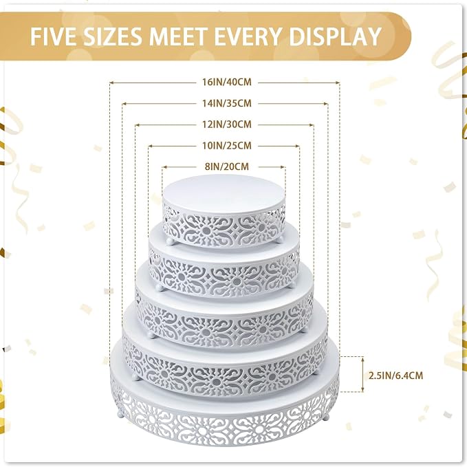 Wenqik 5 Pcs Metal White Cake Stand 16/14/12/10/8 Inch Round Cake Holder Display for Dessert Table Cookies Fruit Serving Tray Cupcake Pastry Riser for Wedding Birthday Party and Events