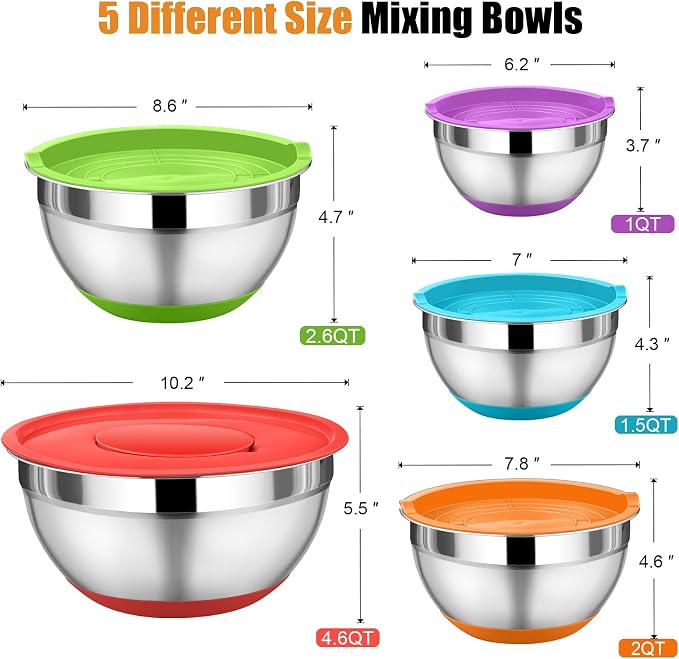 P&P CHEF Mixing Bowl with Lid Set, 5 Piece Stainless Steel Mixing Nesting Bowls for Salad Storage, 3 Grater Attachments & Non-Slip Bottoms, Size 1/1.5/2 / 2.6/4.6 QT, Multicolor