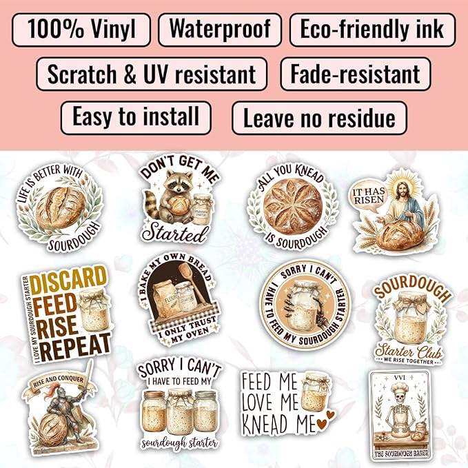 TODOLIA (20Pcs-3in) Sourdough Starter Sticker Pack, Funny Sourdough Bread Sticker, Baking Lover Baker Gift, Bread Bakery Themed Decoration For Laptop Tablet Farm Stand Jar Water Bottle Helmet Vehicles