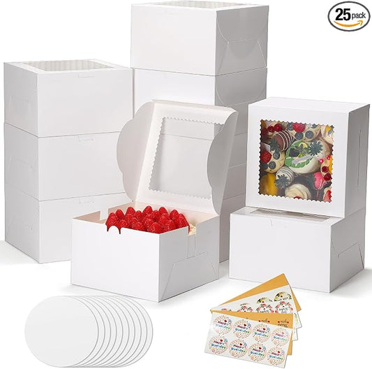 COTOPHER 50 Pcs Cake Boxes 8 Inch, 8x8x5 Inches Cake Containers (25 Boxes & 25 Boards), White Bakery Boxes with Windown for Cookies, Desserts, Cupcake, Pastries, Birthday, Wedding, Mother's Day