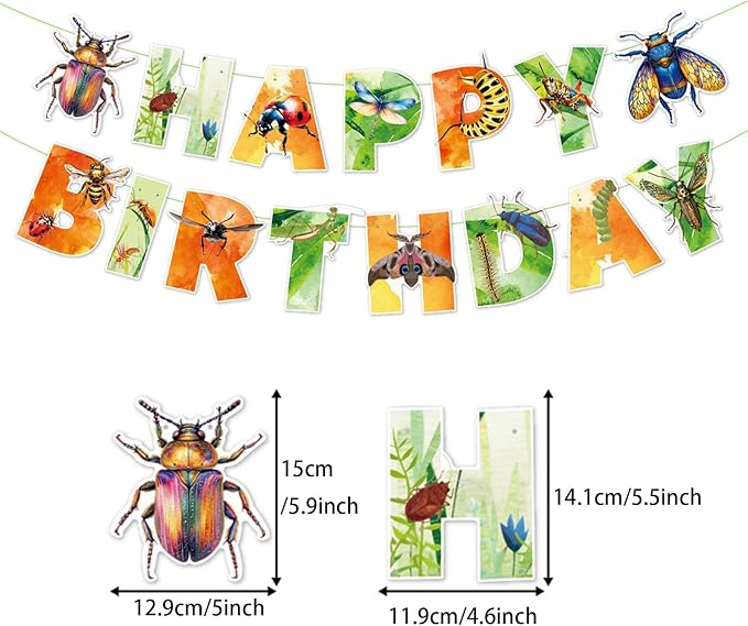 Zwiebeco Multicolored Insect Happy Birthday Banner Bunting Hanging Paper Swirls Garland Party Decorations for Boys Girls Kids Baby Shower Spring Summer Themed Bday Decor Accessories Supplies