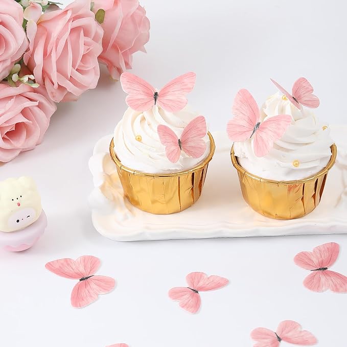 58Pcs Pink Edible Butterflies Cake Toppers Wafer Glutinous Paper Butterfly for Cake Cupcake Decoration Colorful Small Pastel Cupcake Topper Decoratings for Wedding Birthday Baby Shower(Mix Size)