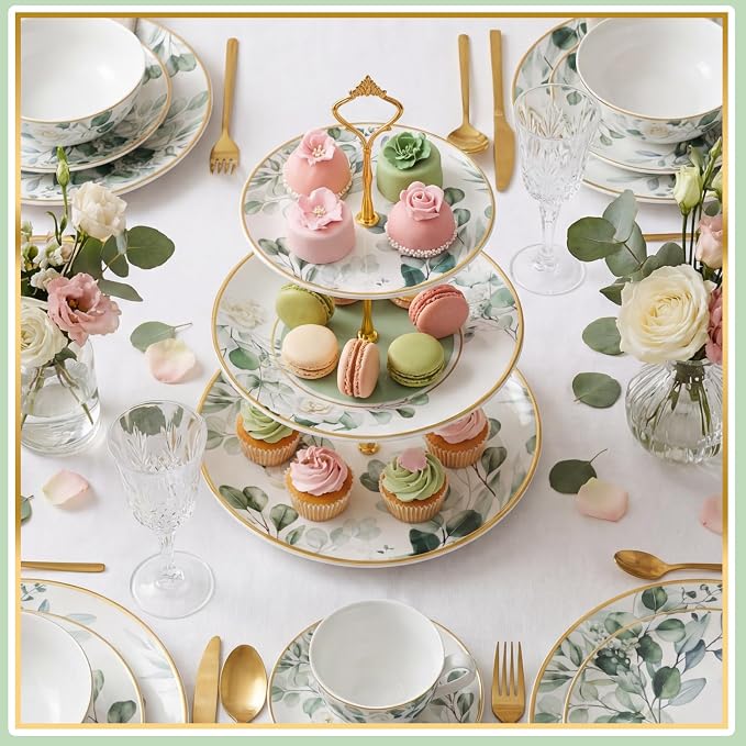 Lallisa 3 Tier Greenery Dessert Stand 10", 9" and 7" Ceramic Sage Green Eucalyptus Tiered Serving Tray with Gold Rack, Round Cupcake Display Tower for Wedding Baby Bridal Shower Tea Party Decoration
