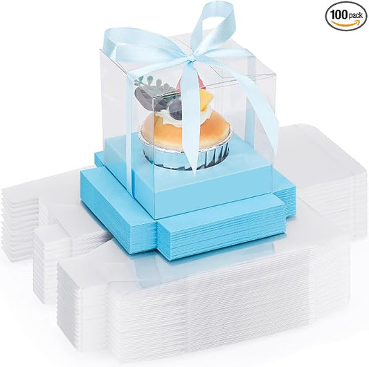 EUSOAR Cupcake Containers, 100 Pack 3.5 Inch Plastic Blue Cupcake Boxes with Inserts and Ribbon, Individual Clear Pastry Muffins Gift Holder Disposable Cake Carrier Display for Wedding Party Bakery