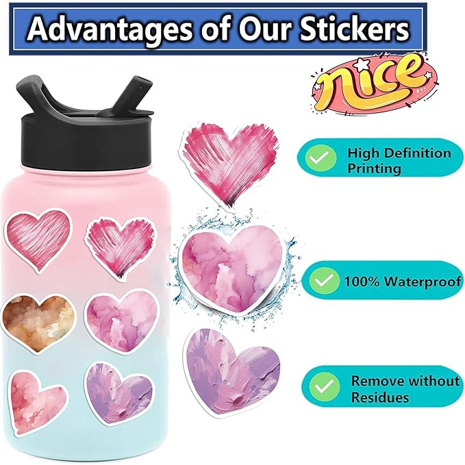 Love Heart Aesthetic Stickers for Valentine's Day, 50PCS Colorful Heart Vinyl Waterproof Stickers for Water Bottle, Laptop, Scrapbook, Journal, Gift Decorative Decals, Party Supplies