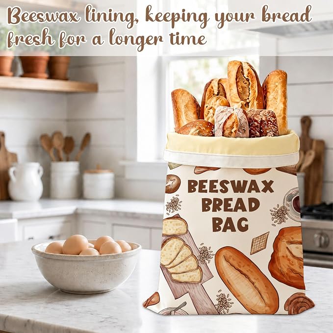 2 Pack Bread Bag for Homemade Bread, Natural Beeswax Storage Bag, Reusable Linen, Food Storage Cloth Bag with Buckle, Keep Loaves Fresh Longer, Homesteading Essentials Supplies 13 * 17IN