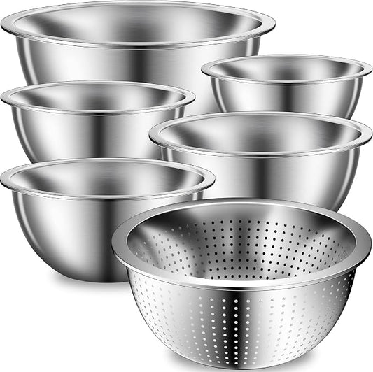 DUTZUN Stainless Steel Mixing Bowls with Colander for Baking, Prep, Cooking | Kitchen Appliances - Metal Mixing Bowl Set of 5 (4, 2.2, 1.6, 1.2 & 0.8 QT) plus 3 QT Strainer