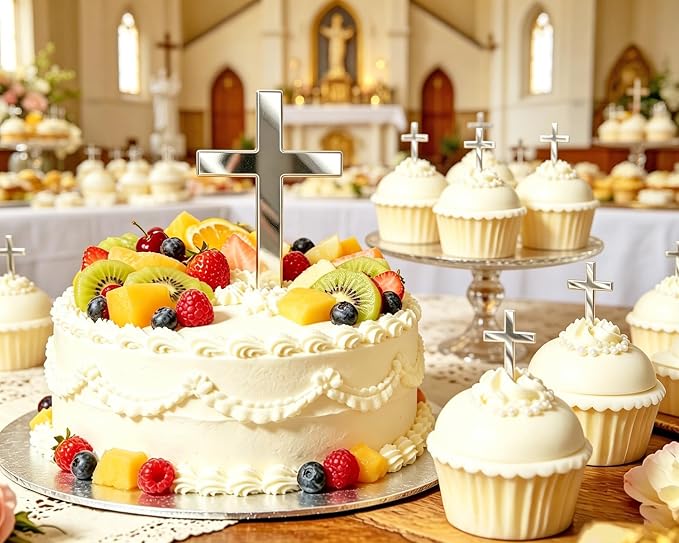 ONLYKXY 30pcs Silver Cross Cake Side Decor Reusable Mirror Acrylic Cupcake Topper Glitter Pick for Theme Party Craft DIY,Bless,Wedding,Bridal Shower,Christmas,Hallowmas,Birthday Baptism (2in & 4in)