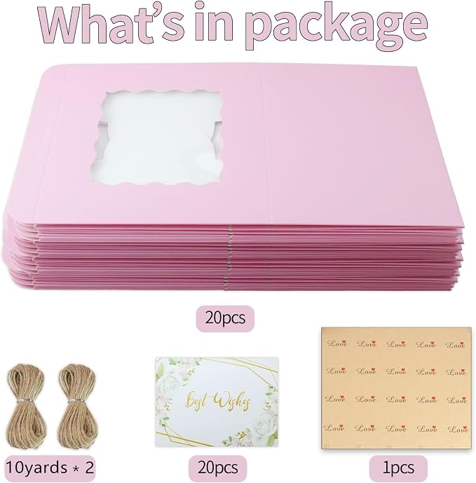 20 Pack 6x6x5 Inch Cake Boxes with Window, Pink Bakery Carriers for Bento Cake, Cupcakes, Cookies, Dessert Treats – Perfect for Valentine's Day, Mother's Day Gifting