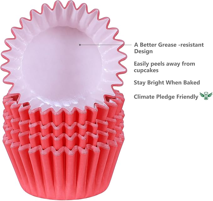 Caperci Heavy Duty Red Cupcake Liners 150 Counts - Standard Grease-Resistant Paper Muffin Baking Cups, Odorless, No Muffin Pan Needed, Easily Peels (Red)