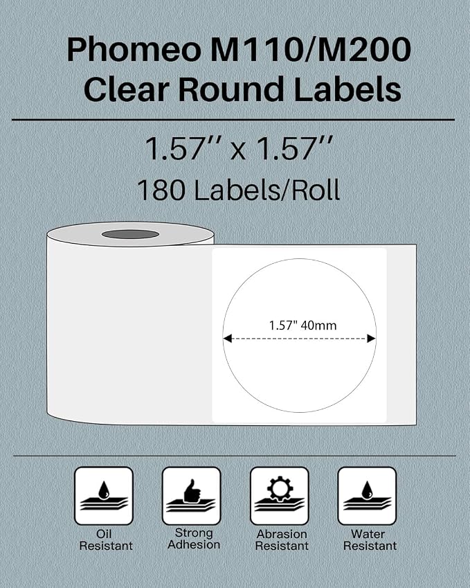 Phomemo Clear Circle Label for M110/M221/M220/M210/M200-1.57"x 1.57" (40x40mm) Transparent Paper for Barcode, Product Tag, Logo Printing