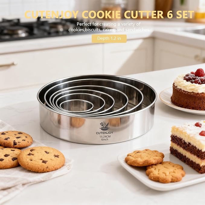 6 PCS Round Cookie Cutters (2, 3, 3.5, 4, 5, 6 Inch), Stainless Steel Biscuit Cutters For Baking, Large Circle Cookie Cutter for Baking, Pastry, Donuts, Fondant, Sandwich