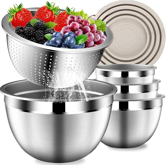 DUTZUN Stainles Steel Mixing Bowls with Lids Set, Stackable Metal Mixing & Serving Bowl with Strainer, 5-Piece - Beige