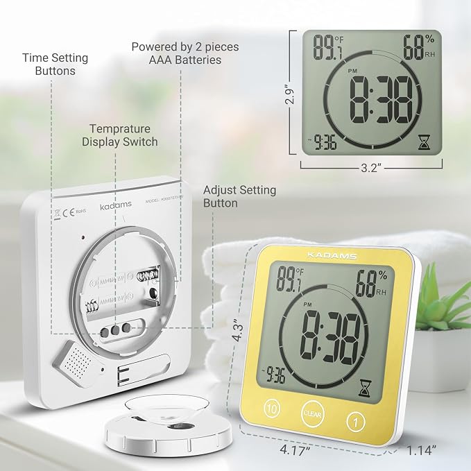 KADAMS Shower Clock Waterproof Bathroom Timer – Digital Wall Clock with Countdown, Magnetic Kitchen Clock with Temperature & Humidity, Suction Cup for Kids Shower Spa Sauna Cook Bath (Yellow)