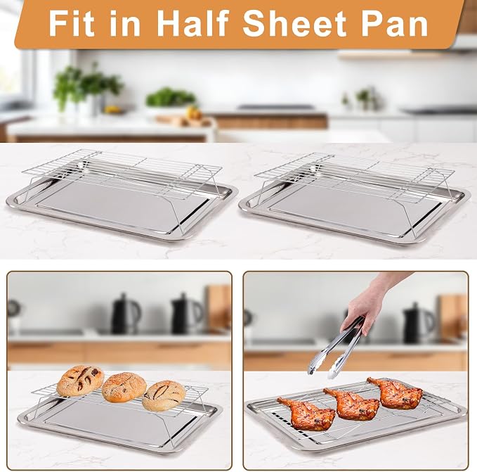 Cooling Rack for Baking 3 Tiers, 16" x 10" Cookie Cooling Wire Rack Stackable Collapsible Nonstick, Stainless Steel Baking Cooking Cooling Racks with Optimum Air Flow, Silver