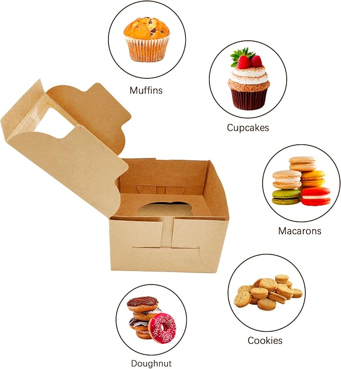 Jotique Cupcake Boxes with Window, 20 Sets 4.5x4.5x3 Inch Kraft Paper Bakery Boxes for Single Cupcake, Cookies and Muffins, Sturdy Disposable Treat Boxes for Individual Pastry, Baked Good, Gift Giving