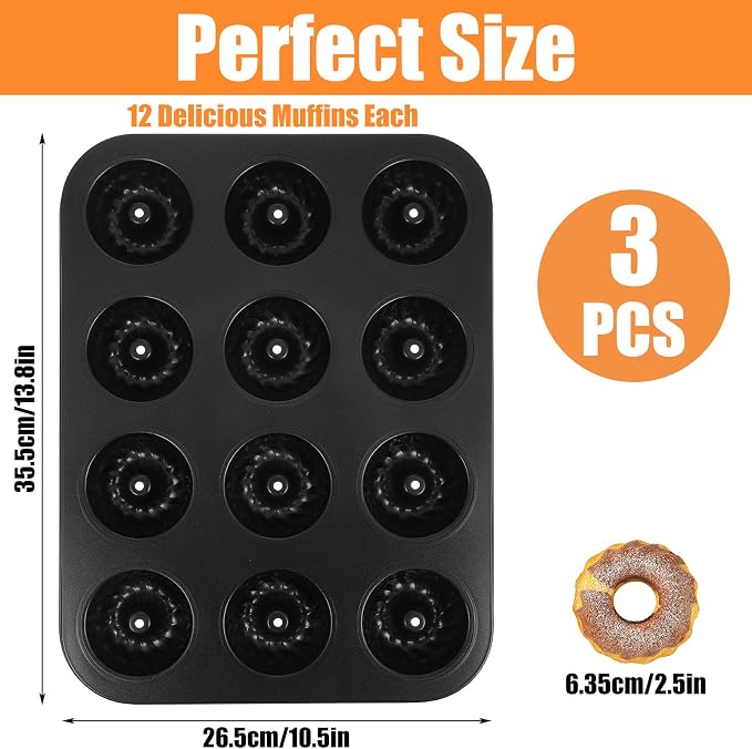 3 Pack Mini Fluted Tube Cake Pan, Non-Stick 12 Cavity Cake Baking Pan, Carbon Steel Mold For Cupcakes, Donuts, Brownies, 13.8 x 10.5 Inch