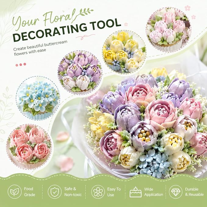 7 Pcs Large Russian Piping Tips Set, Stainless Steel Flower Frosting Nozzles, One-Press Cake Decorating Tips for Buttercream, Cupcakes, Cakes– Dishwasher Safe